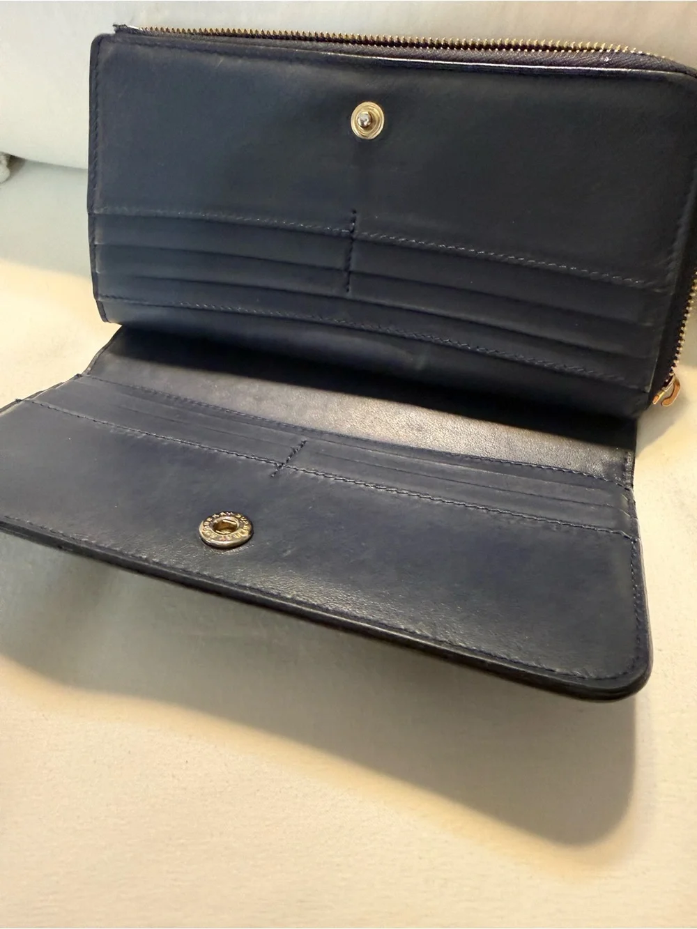 Burberry Navy Blue Leather Zip-Around Wallet with Gold Logo